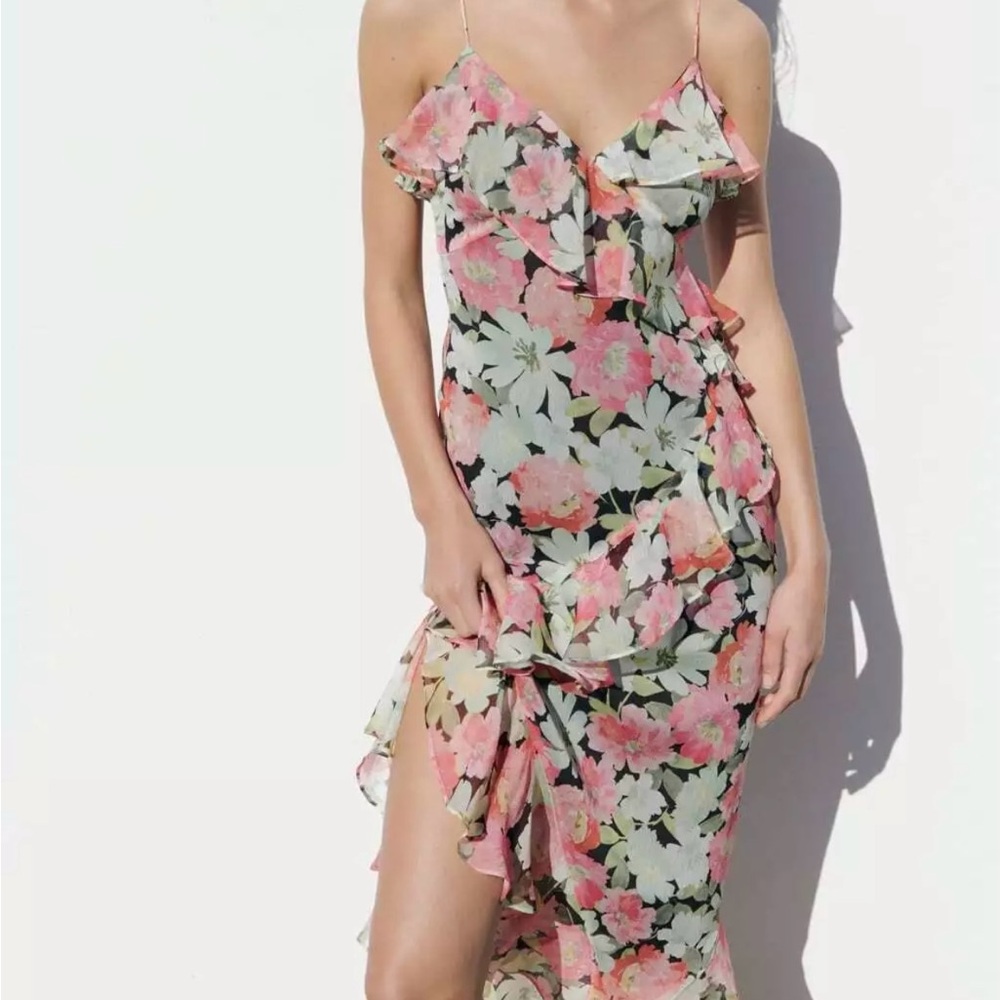 Zara floral ruffled print dress multicolour